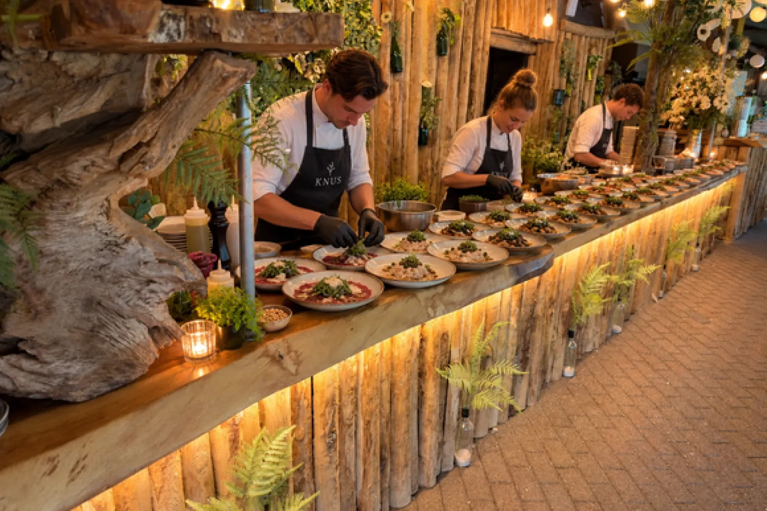 De keuken van Knus maakt de borden voor het diner op