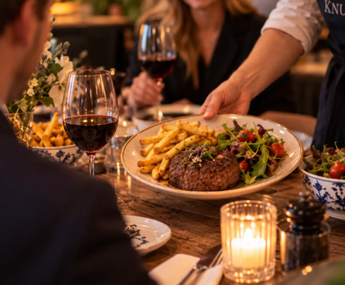 Een hoofdgerecht met friet en salade wordt aan tafel geserveerd bij Knus